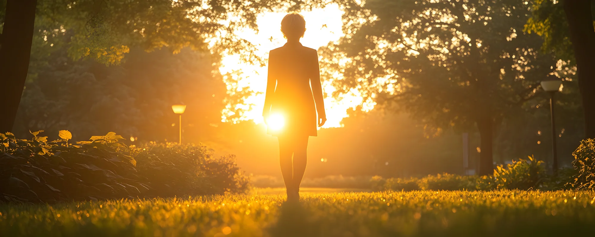 Woman walking toward the light through a park